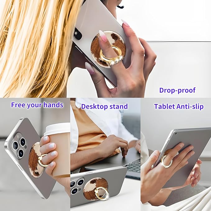 Magnetic Phone Ring Holder Compatible with MagSafe, Cute Phone Grip Stand with 360° Rotation Gold Glitter Finger Ring Kickstand Accessories for Most Phones Cute Plaid Cowhide