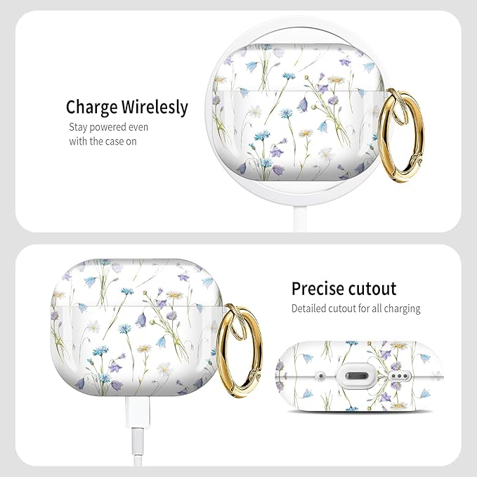 Cute Hard Case Compatible with AirPods Pro 3rd Generation Case (2025), Shockproof Protective Cover with Golden Keychain Ring Clip (Small Purple Flower)