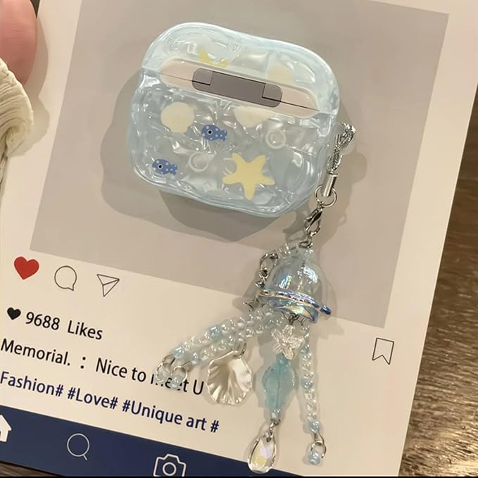 Compatible with AirPods Pro Case Protective Cute Shell Starfish Cover with Cleaner Kit Jellyfish Keychain for Girls Women for Airpods Pro 2nd/1st Generation-Blue