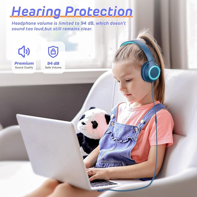 Kids Headphones,Kid Headphone for School with Volume Limit of 94 db,Wired Children Headphone for Travel/Tablet Adjustable Headband Foldable(Blue)