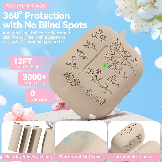 for Airpods Pro 3 Case, Flower Engraved Case Cover Compatible with AirPods Pro 3rd Generation 2025, Soft Silicone Cases with Cute Keychain & Cleaner for Women Girly, Shockproof