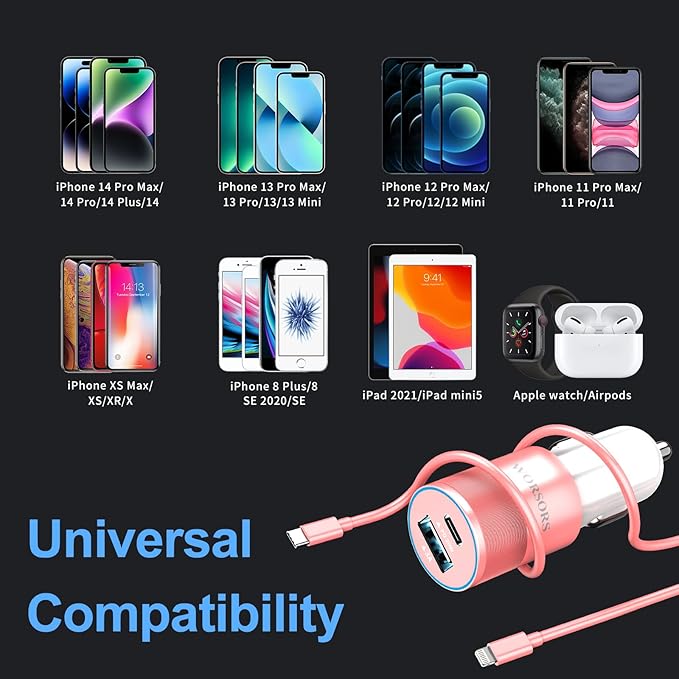 35W USB C Fast Car Charger [Apple MFi Certified] Compatible with iPhone 14 Pro/14 Pro Max/14+/13/12/11/Mini/XS/XR/8, 20W PD3.0 Rapid Charging Adapter + 3Ft Type C to Lightning Cable - Pink