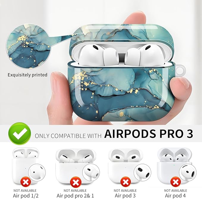 Compatible with AirPod Pro 3 (2025),Cute Case Cover for Women & Men, Full Protection Shockproof Hard Case with Keychain, Wireless Charging Case Accessories(Blue Green Marble)