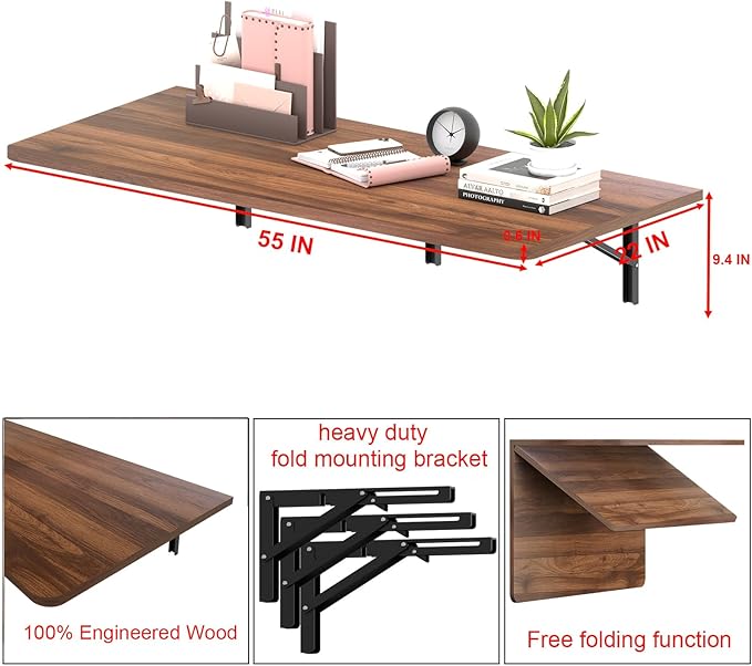 IAE 55" x 22" Floating Foldable Desk,Wall-Mounted Folding Computer Table with Engineered Wood,Study Table with Shelf Brackets,Fold Down Shelf,Fold Computer Desk for Small Spaces,Holds 500 lb,Brown