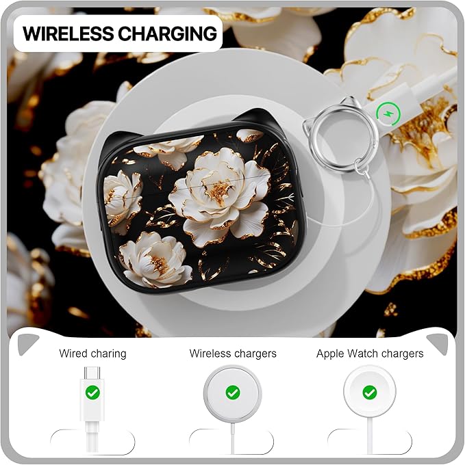 RFUNGUANGO is Compatible with AirPods Pro 3 Protective case, with Mobile Phone Holder Function, Multiple Colors Available, Suitable for AirPods Pro 3 Protective case,Black + Peonies