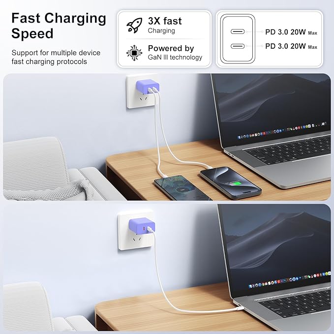 Susnwere 40W Dual USB C Charger Block,2-Port Fast USB-C Power Adapter Wall Charger Plug Type C Charging Block for Laptop Computer & Tablets/Phones iPhone 15/14/13/12/11/X, iPad,Samsung,Google 2 Pack