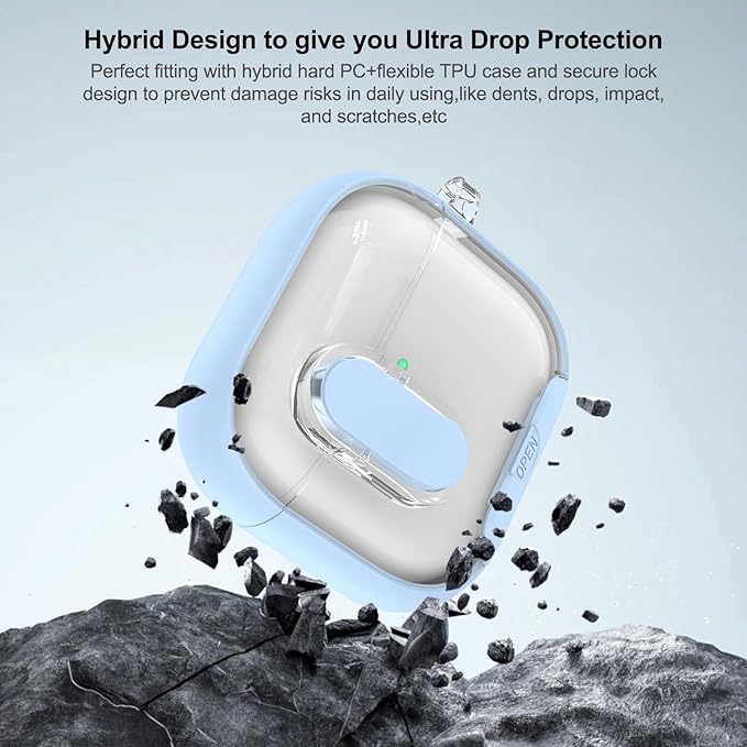 for Airpods 4 Case Clear,Secure Lock for Airpods 4th Generation Case Cover with Phone Stand and Magsafe Function,Auto Pop-up,Hybrid Protection Design with Carabiner&Cleaning Pen-Blue