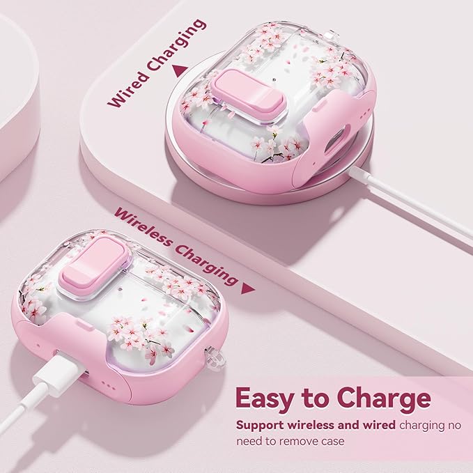 with Safety Lock for AirPods Pro 2nd 1st Generation Case Cover,Clear Floral Cute AirPods Pro 2 Case with Phone Stand & Cleaning Kit for AirPod Pro Case for Women Girly-Blossom