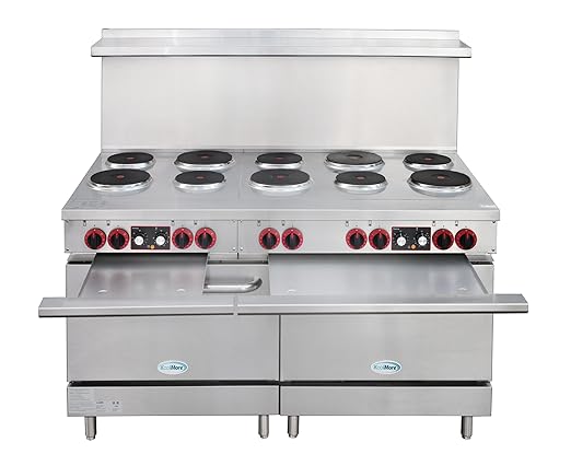 KoolMore KM-CR60-E 60 in. Commercial Range with 10 Burners and 2 Standard Electric Ovens in Stainless Steel-208V 3-Phase, CSA Listed, Solid Black