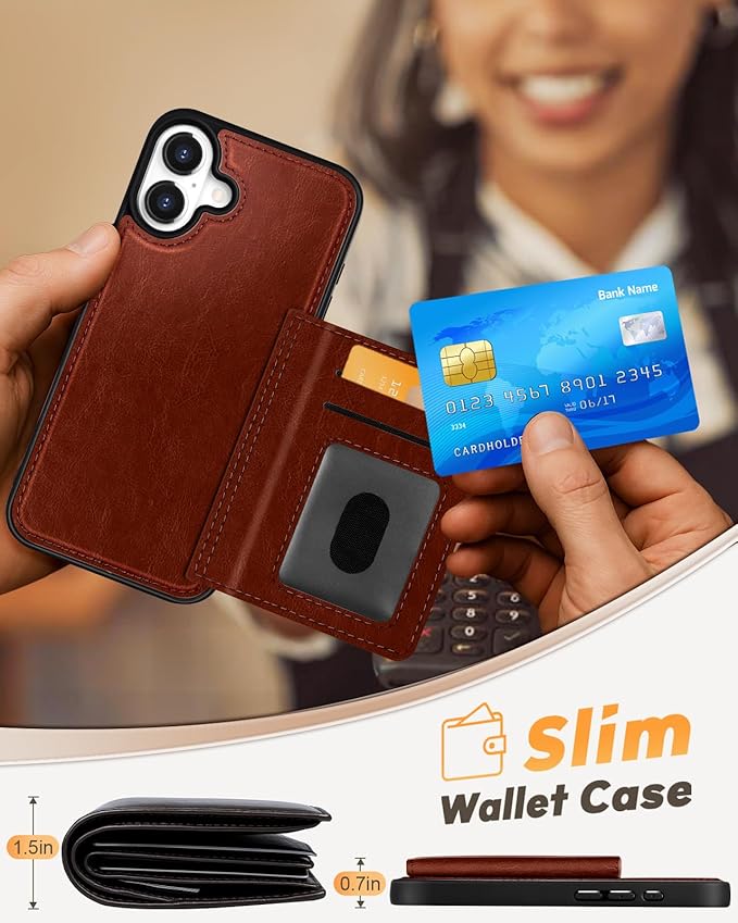 for iPhone 16 Plus Case with Wallet - Fits 4 Card Slots, Compatible with MagSafe for Women Men Aesthetic Durable PU Leather Credit Card Holder Kickstand Phone Cover for Apple 16 Plus, Brown