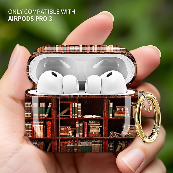 Cute Hard Case Compatible with AirPods Pro 3rd Generation Case (2025), Shockproof Protective Cover with Golden Keychain Ring Clip (Bookshelf)