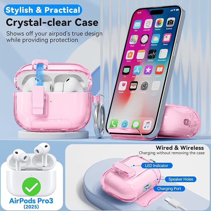 for AirPods Pro 3 Case 2025 with Phone Stand & Secure Lock, Auto-Open Clear Case Cover Compatible with Apple AirPods Pro 3rd Generation with Cleaning Kit & Keychain