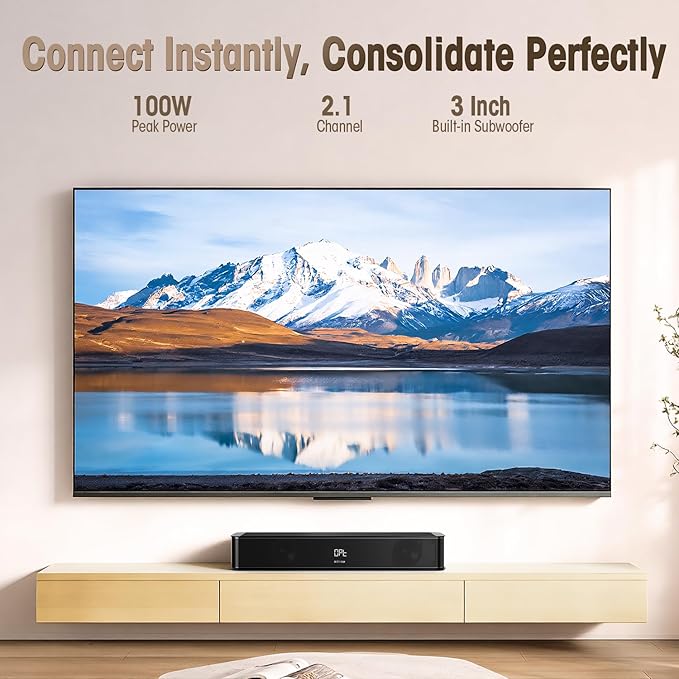 BESTISAN 2.1CH Sound Bar for TV, 16.5” Compact with Built-in Subwoofer, ARC/Opt/AUX/USB Input, Volume Boost, Bluetooth 5.3, Peak 100W, 3 EQ Modes, All-in-one Soundbar for PC/Gaming/Projectors