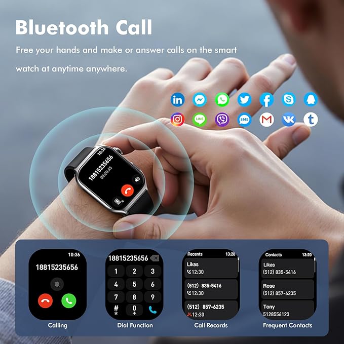YMS Android Smart Watch for Women - Bluetooth Call,Compatible with Android & iOS，2.0" HD Screen, Heart Rate/Sleep/Step Tracker, 100+ Sports Modes,IP68 Waterproof Men Fitness Tracker (Black)
