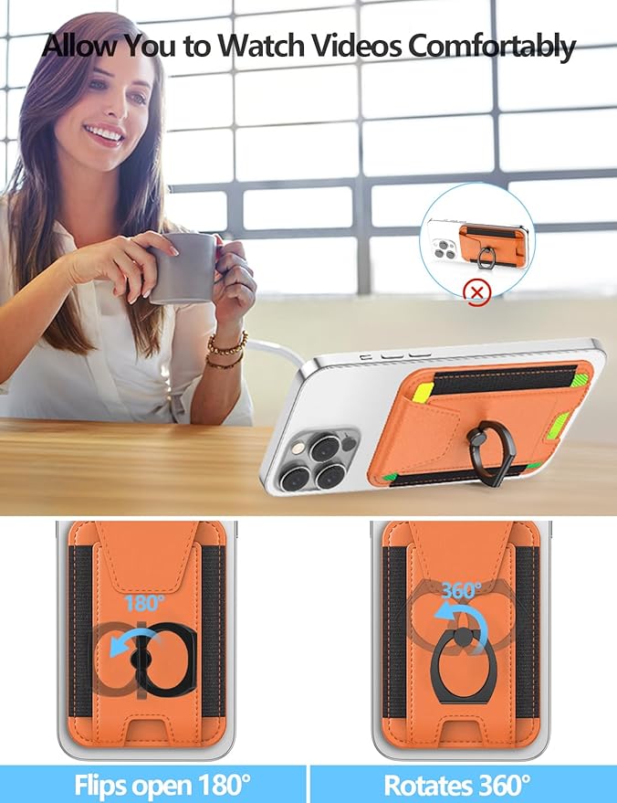 For Magsafe Wallet with Grip, 6-Card Holder, Stronger Magnetic Card Wallet Holder for iPhone 17/16/15/14/13/12 Series, Leather Magnetic Phone Wallet with Privacy Flap, RFID Blocking, Cosmic Orange
