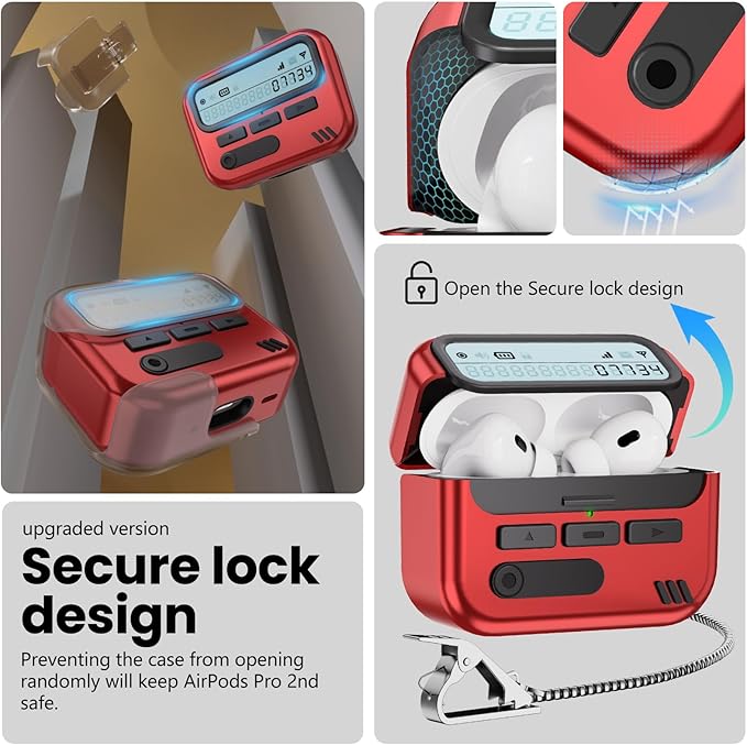 (with Safety Lock) Pager Cases Compatible with AirPods Pro 2nd Generation Case Cover with Cleaner Kit,Hard TPU Full Protection for AirPods Pro 2 Charging Case(USB-C)(2023/2022/2019) for Men-Red