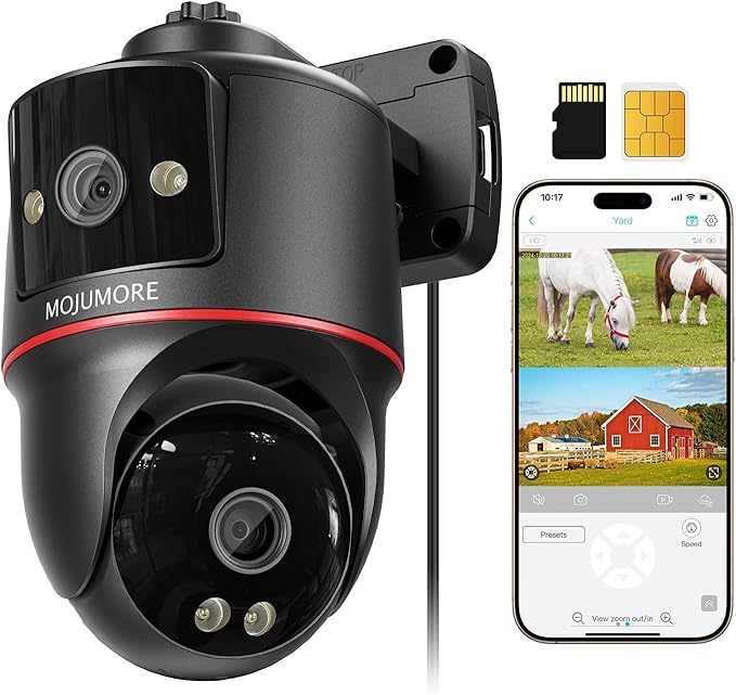 4G LTE Cellular Security Camera, No WiFi Security Camera, Plug-in Dual Lens Security Cameras Outdoor, Auto-Tracking/Push Notification, 360° Live View, Color Night Vision, Built-in SIM Card