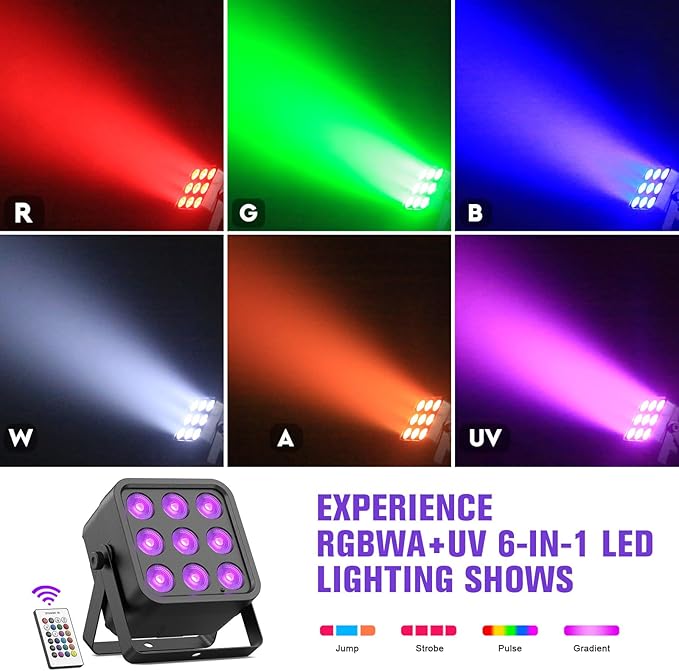 Rechargeable Stage Lights, 9 * 6W RGBWA UV 6-in-1 Battery Powered Par Lights, 6/8/10 CH Wireless Uplights DMX512 Control, Uplighting for Party, Wedding, Event, 1 Pack