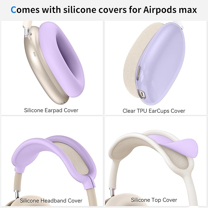 Hard Case for AirPods Max Supports Sleep Mode,Travel Carrying Headphone Case with AirPods Max Clear Ear Cups Cover/Silicone Earpad Case/Headband Cover,AirPod Max Protective Portable Storage Bag,Purple