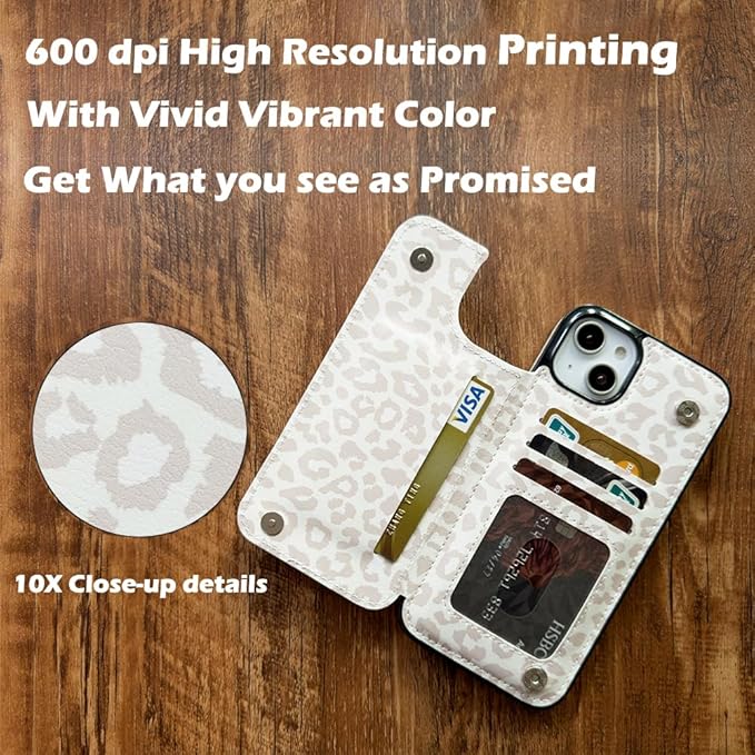 uCOLOR Compatible with iPhone 14/15 Plus 6.7" Wallet Case with Card Holder Slots Folio Flip PU Leather Kickstand Magnetic Clasp and RFID Blocking Cover (Beige Leopard)