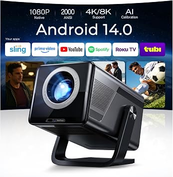 [2000 ANSI Daylight Visible] Native 1080P Smart Video Projector 4K 8K Input, Android 14 Projecteur Portatif with HiFi Sound, Auto Focus & Keystone, WiFi Bluetooth Home Theater for iPhone/Netflix X7