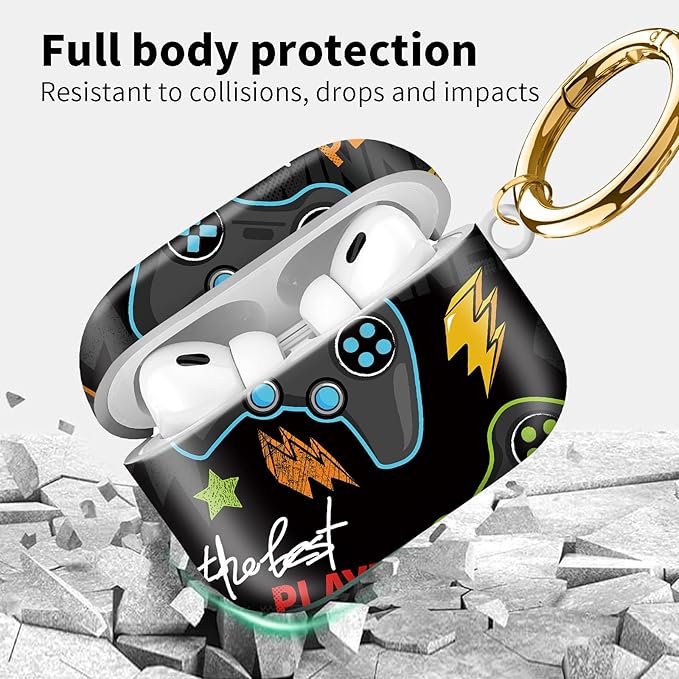 Compatible with Airpod pro 2nd/1st Generation Case Cover with Gold Round Keychain Cute Pattern Hard & Anti Slip Cover for Men Women & Girls（Game on）