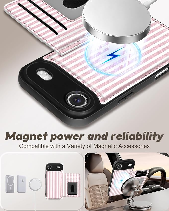 for iPhone 17 Air Case with Wallet - Fits 4 Card Slots, Compatible with MagSafe for Women Aesthetic Durable PU Leather Credit Card Holder Kickstand Phone Cover for Apple 17 Air, Stripes