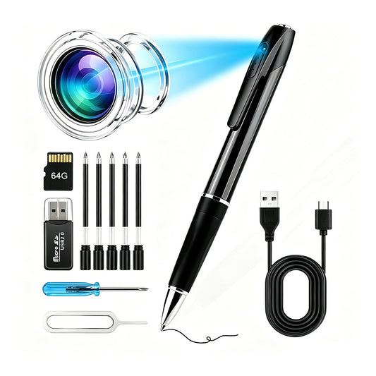 1080P Pen Camera with Audio & Video,64GB Card, 180 Min Runtime,USB File Transfer,Writing Pen
