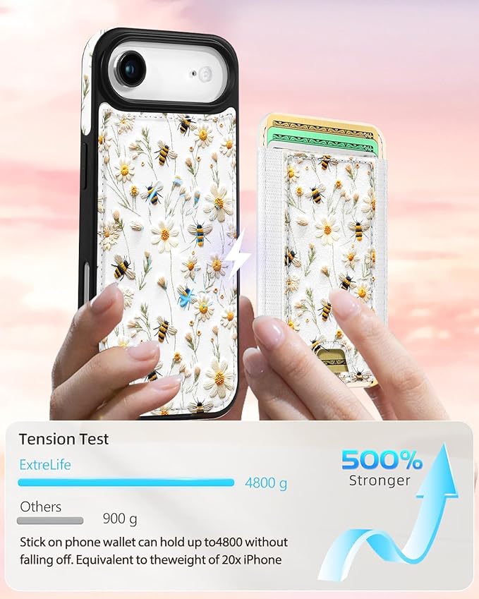 Shorogyt for iPhone Air Wallet Case - Fits 5 Cards, Compatible with Magsafe Detachable Magnetic Credit Card Holder Leather Cardholder Cute Phone Cover Women Girls for Apple 17 Air, Bee Flower