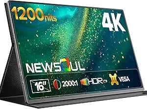 Newsoul 4K Portable Monitor 1200Nits Ultra Bright 16'' Laptop Monitor 145% sRGB 2000:1 Contrast Matte Screen with USB-C HDMI VESA, Slim External Screen with Protective Case for PC/Phone/Game Console