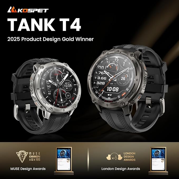 KOSPET Tank T4 GPS Smart Watch, Full Stainless Steel Body, Global Offline Maps & 6 Satellite Positioning, 100M Waterproof 45m Freediving, 1.43" AMOLED Display Outdoor Rugged Smartwatch for Men