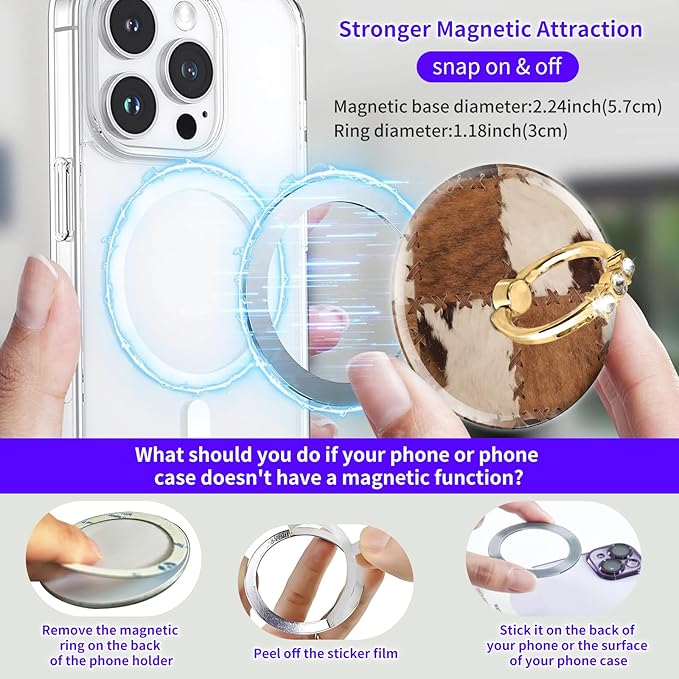Magnetic Phone Ring Holder Compatible with MagSafe, Cute Phone Grip Stand with 360° Rotation Gold Glitter Finger Ring Kickstand Accessories for Most Phones Cute Plaid Cowhide