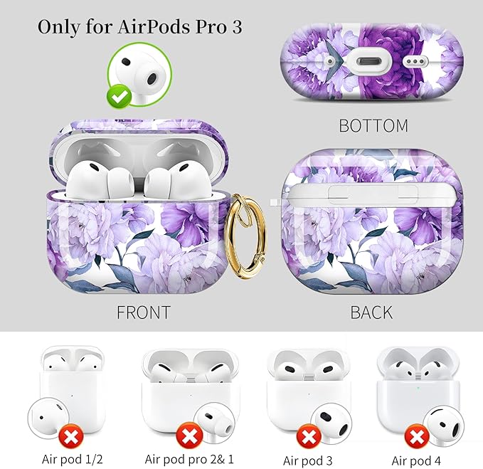 Case for AirPod Pro 3 Shock-Proof Protective Hard Case with Golden Keychain Compatible with Apple Airpods Pro 3rd Generation 2025 (Beautiful Purple Flower)
