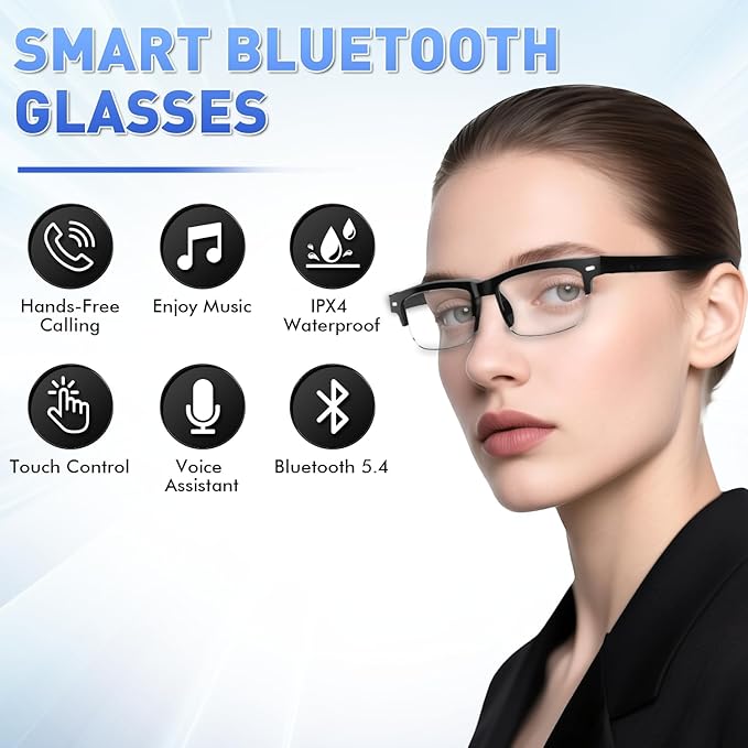 Smart Glasses, Bluetooth Blue light Glasses with Half Frame Design, Color-Change Lenses, Open-Ear Speakers, Intelligent Control, Wearable Tech Bluetooth Glasses for iPhone Android Music/Calls