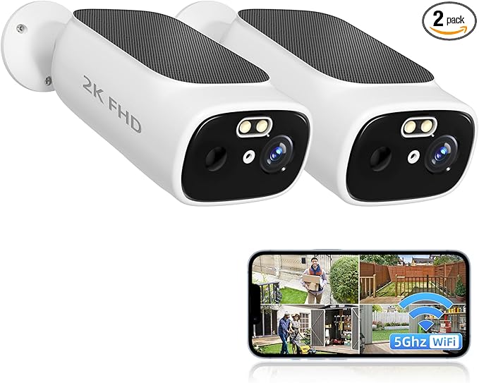 2K Solar Camera Outdoor Wireless-5/2.4Ghz WiFi Cameras for Home Security, AI Motion Detection, Color Night Vision, SD Card/Cloud Storage, Waterproof, Compatible with Alexa/Google Home (2 Camera)