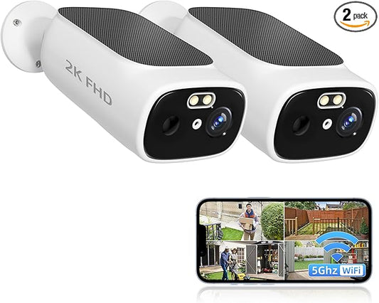 2K Solar Camera Outdoor Wireless-5/2.4Ghz WiFi Cameras for Home Security, AI Motion Detection, Color Night Vision, SD Card/Cloud Storage, Waterproof, Compatible with Alexa/Google Home (2 Camera)