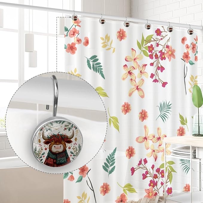 Highland Cows and Leaves Rust Proof Shower Curtain Hooks 12Pcs for Bathroom Shower Rod, Decorative Shower Hooks Shower Curtain Hanger Rings Roller, Glass, Resin, Stainless Steel