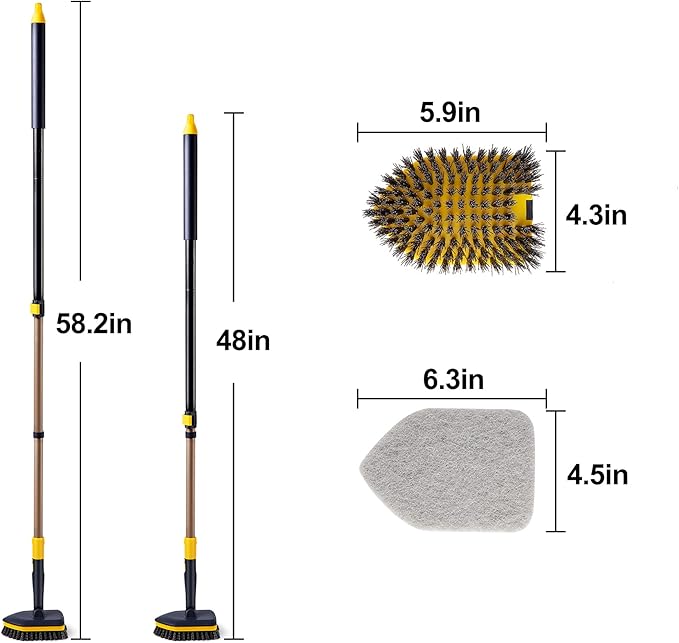 Yocada Tub Tile Scrubber Brush 2 in 1 Cleaning Brush 58.2" Adjustable Telescopic Pole Stiff Bristles Scouring Pads for Cleaning Bathroom Kitchen Toilet Wall Tub Tile Sink with Totally 5 Pads