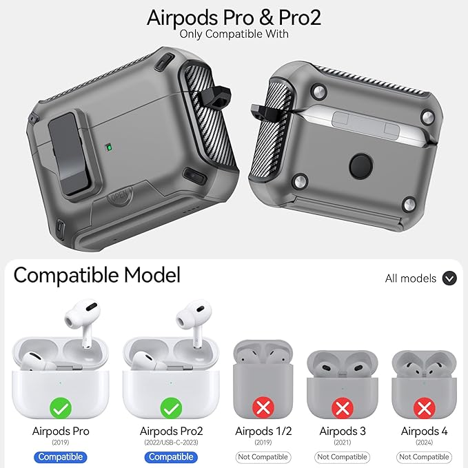 for AirPods Pro 2nd/1st Case (2023/2022/2019) with Phone Stand,（with Automatic Snap Switch） Carbon Fiber Design Protection Cover with Cleaning Pen,Gray