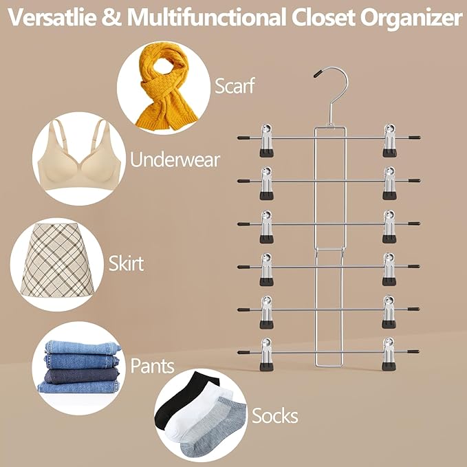 2Pack Pants & Skirt Hangers Space Saving Hanging Closet Organizer and Storage, Upgrade Skirt Hangers with Clips and 360° Swivel Hook -Closet Storage