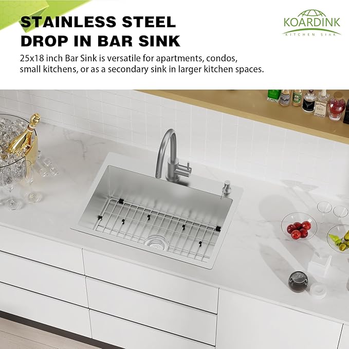 Kitchen And Bar Sink, 25x18 Inch Stainless Steel Drop In Kitchen Sink Modern Single Bowl Topmount Bar Sink Combo-SS Grid,Spoon Rest,Drain Strainer Set Compatibility With Various Kitchen & Bar Style