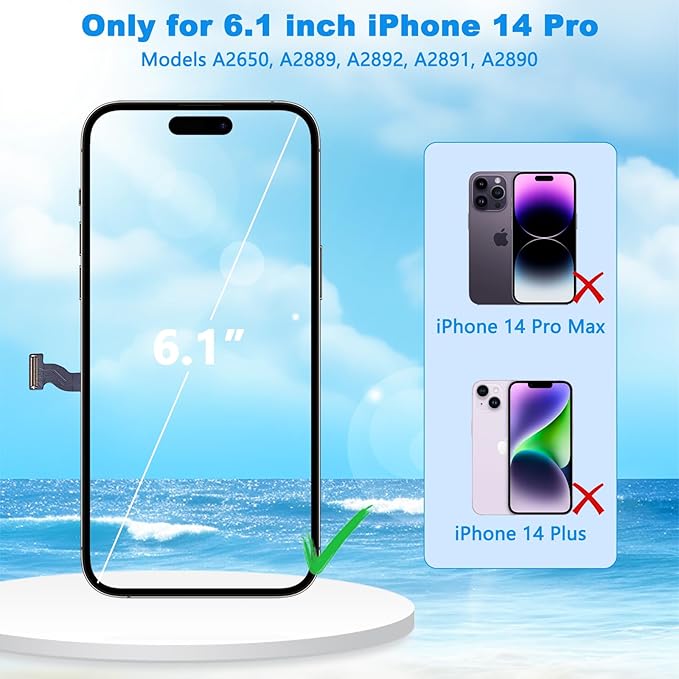 for iPhone 14 Pro Screen Replacement Black 6.1 Inch, LCD Touch Digitizer Complete Display for A2650, A2889, A2892, A2891, A2890,with Waterproof Seal+Tempered Glass+Repair Tools