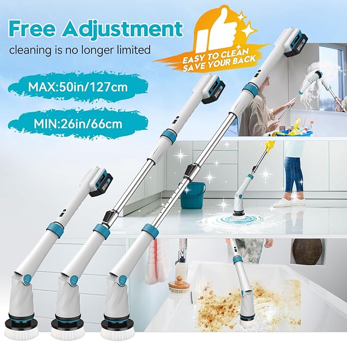 Battery Electric Scrubber for Cleaning Bathroom,1200RPM 21V Spin Scrubber Electric Spin Brush for Cleaning, 50'' Cordless Power Shower Scrubber W/ 8 Brushes for Grout Tile Tub Floor