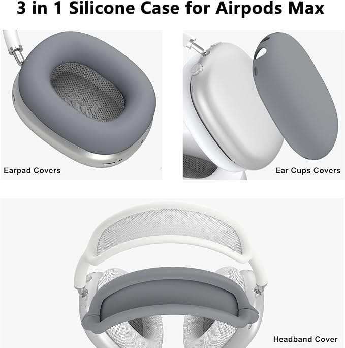 Silicone Case Cover for AirPods Max, Ear Pad Case Cover/Ear Cups Cover/Headband Cover for AirPods Max Headphones, Accessories Soft Silicone Protector for Apple AirPod Max New USB-C (2024) (Gray)