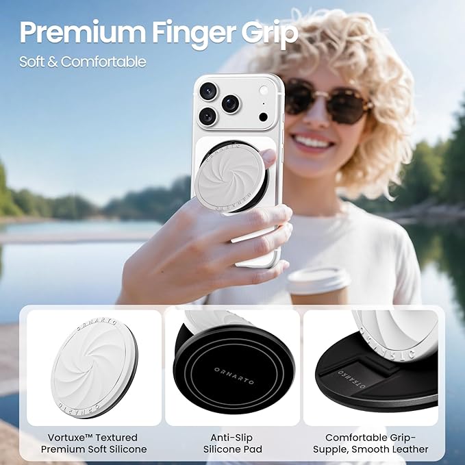 ORNARTO Vortuxe for MagSafe Phone Grip with Kickstand, Soft Liquid Silicone Finger Loop Grip, Phone Ring Holder for Back of Phone, Premium Build & Comfy Touch, White