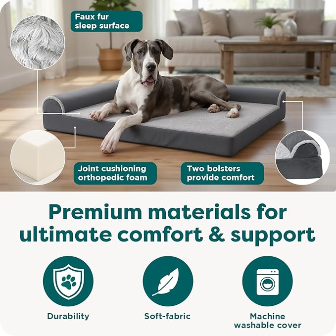 Furhaven Orthopedic Dog Bed for Large Dogs w/ Removable Bolsters & Washable Cover, For Dogs Up to 125 lbs - Two-Tone Plush Faux Fur & Suede L Shaped Chaise - Stone Gray, Jumbo Plus/XXL