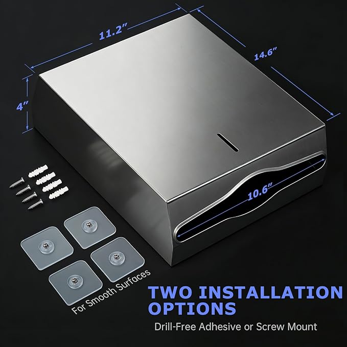 Paper Towel Dispenser Wall Mount, Keyless Magnetic Closure, Brushed Stainless Steel Bathroom Paper Towel Holder, Holds 500 Multifold or 400 C-Fold Towels, Ideal for Bathroom, Kitchen & Home