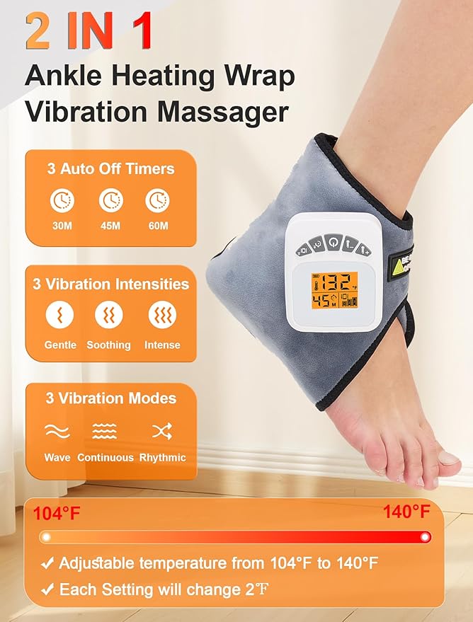 CAMECO 5000mAh Rechargeable Ankle Massager with Heat for Pain Relief, 104℉-140℉ Cordless Ankle Heating Pad with Massage for Achilles Tendinitis, Portable Ankle Heat Pad Brace Warmer for Women & Men