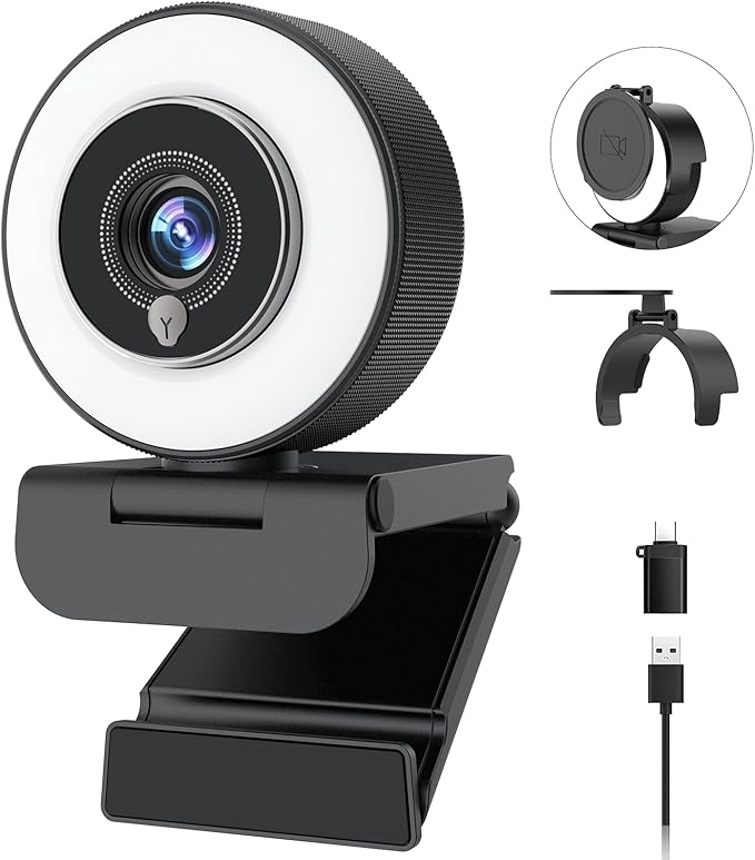 Angetube 4K Webcam with Ring Light, Computer Web Camera for Desktop, Laptop