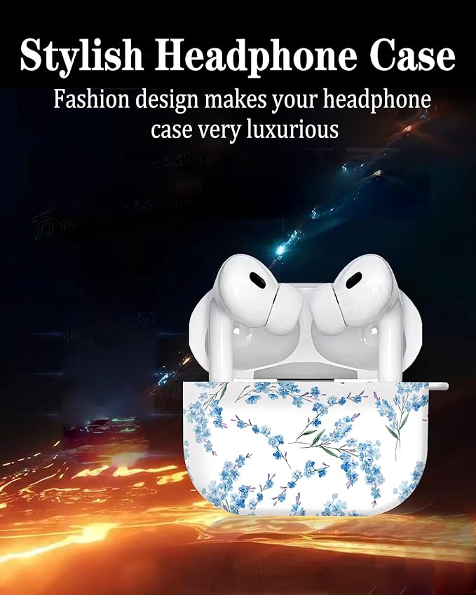 Cute Hard Case Compatible with AirPods Pro 2nd/1st Generation, Protective Cover with Golden Keychain, Fits 2023/2022/2019 Models, for Women, Girls, and Men(Blue Flower